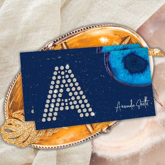 Chic Diamond Blue Agate Initial A Letter Monogram Visitenkarte