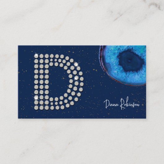 Chic Diamond Blue Agate Initial D Letter Monogram Visitenkarte (Vorderseite)