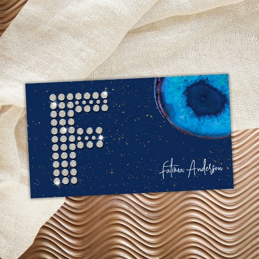 Chic Diamond Blue Agate Initial F Letter Monogram Visitenkarte