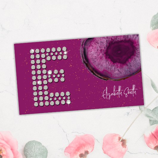 Chic Diamond Plum Agate Initial Letter E Monogram Visitenkarte