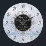 Chic Diamonds Blue Bokeh 50th Wedding Anniversary Große Wanduhr<br><div class="desc">Elegant silver diamonds wedding anniversary clock.</div>