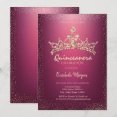 Chic Diamonds Crown Red Quinceañera Einladung (Vorne/Hinten)