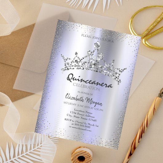 Chic Diamonds Crown Violet Metallic Quinceñera Einladung