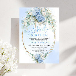 Chic Digital Blue Floral Eucalyptus Gold Sweet 16 Einladung