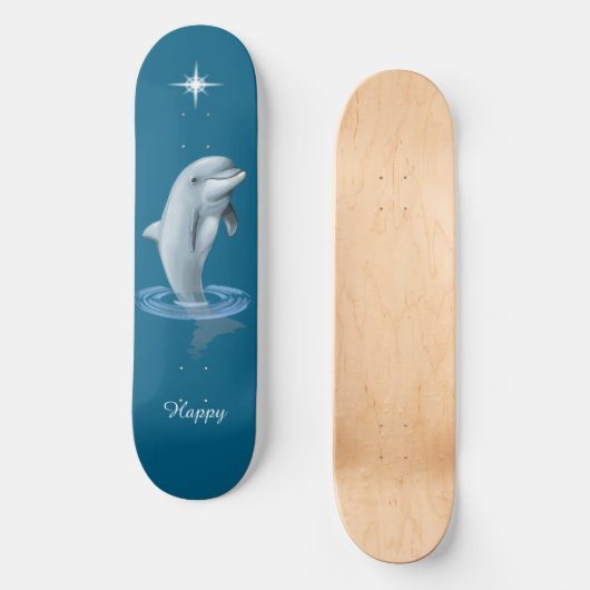 Chic Dolphin, Custom Star & Script auf Ocean Blue Skateboard (Vorderseite)