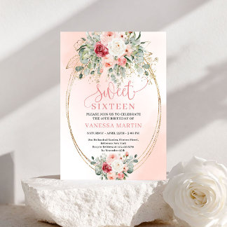 Chic Downloadable Blush Gold Floral Sweet Sixteen Einladung