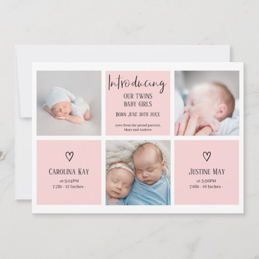Chic Drehbuch 3 Foto Collage Rosa Baby Zwillinge G Ankündigung (Vorderseite)