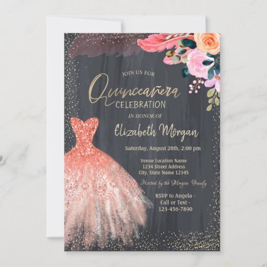 Chic Dress, Blume Feather Quinceanera Einladung (Vorderseite)