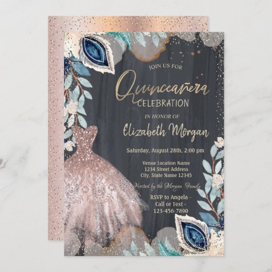 Chic Dress, Blume, Rose Gold Quinceanera Einladung (Vorne/Hinten)