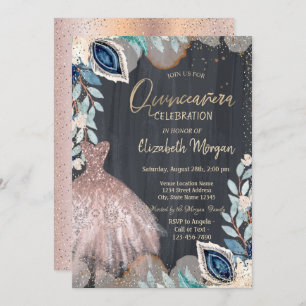Chic Dress, Blume, Rose Gold Quinceanera Einladung