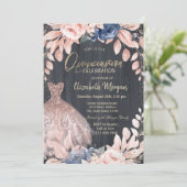 Chic Dress, Blumen, Rose Gold Quinceanera Einladung (Stehend Vorderseite)
