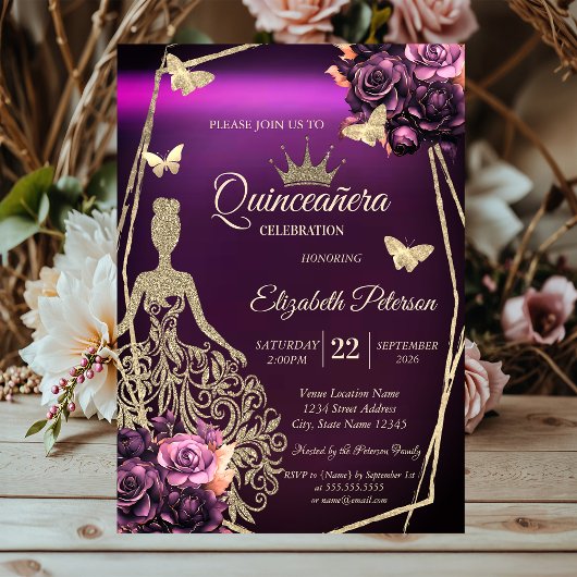 Chic Dress,Butterfly Violet Roses Quinceañera Einladung