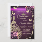 Chic Dress,Butterfly Violet Roses Quinceañera Einladung (Vorderseite)