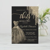 Chic Dress,Gold Glitzer Tropfen 30. Geburtstag Einladung (Stehend Vorderseite)