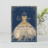 Chic Dress Gold Tiara, Diamonds Quinceañera Einladung (Stehend Vorderseite)