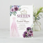 Chic Dress, Purple Flowers Sweet 16 Einladung (Stehend Vorderseite)