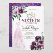 Chic Dress, Purple Flowers Sweet 16 Einladung (Vorne/Hinten)