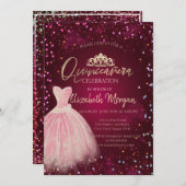 Chic Dress Tiara, Diamonds Burgundy Quinceañera Einladung (Vorne/Hinten)