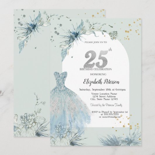 Chic Dress Winter 25. Geburtstag Einladung (Vorne/Hinten)