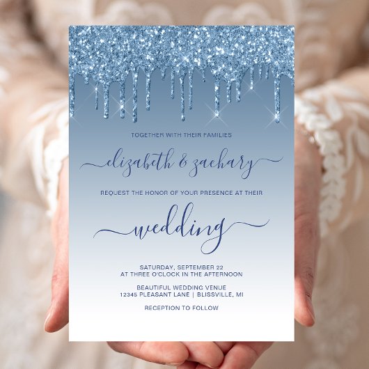 Chic Dripping Glitzer Blue Wedding Einladung