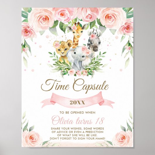 Chic Dschungeltiere Pink Floral Time Kapsel Zeiche Poster (Vorne)