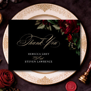 Chic dunkelgotisch grün rötlich-blumige Hochzeit Dankeskarte