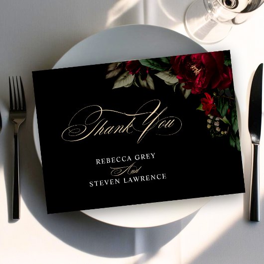 Chic dunkelgotisch grün rötlich-blumige Hochzeit Dankeskarte
