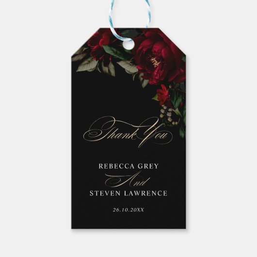 Chic dunkelgotisch grün rötlich-blumige Hochzeit Geschenkanhänger (Vorderseite)