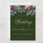Chic dunkelgrüne blaue goldene Blumenhochzeit Einladung (Vorderseite)