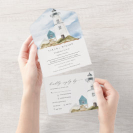 Chic Dusky Aqua Blauer Leuchtturm Hochzeit All In One Einladung