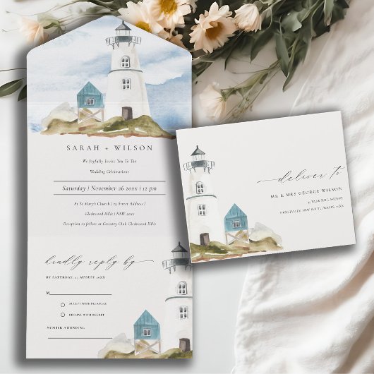 Chic Dusky Aqua Blauer Leuchtturm Hochzeit All In One Einladung