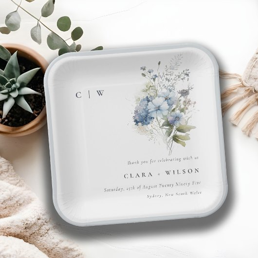 Chic Dusky Blue Watercolor Hütte Blumenzehen Pappteller