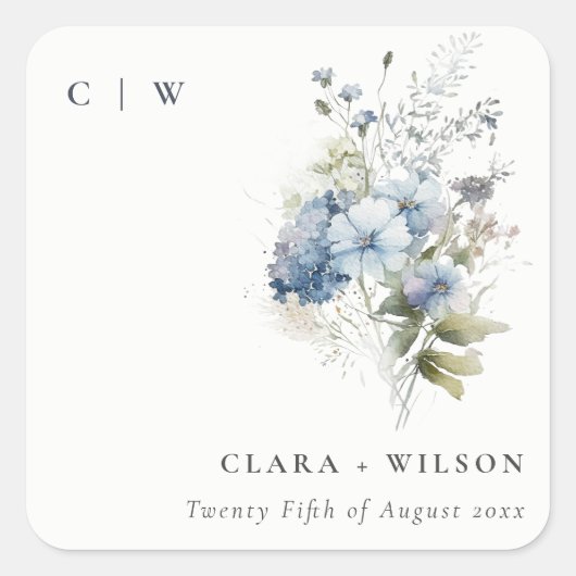 Chic Dusky Blue Watercolor Hütte Blumenzehen Quadratischer Aufkleber (Vorderseite)
