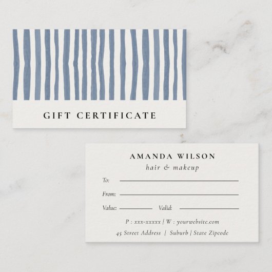 Chic Dusky Blue Watercolor Strips Gift Certificate Visitenkarte (Vorne/Hinten)