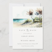 Chic Dusky Coastal Palm Beach Wasserfarbe Seascape Save The Date (Vorderseite)