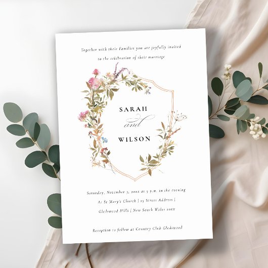 Chic Dusky Pink Blush Wildblume Wappen Hochzeit Einladung