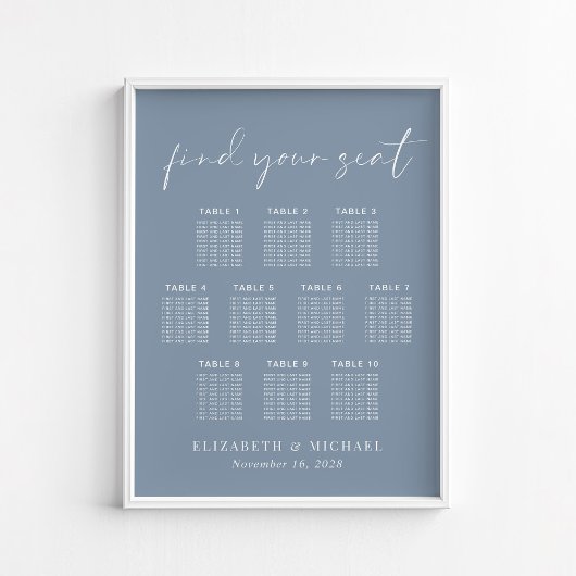 Chic Dusty Blue 10 Table Wedding Seating Chart Poster