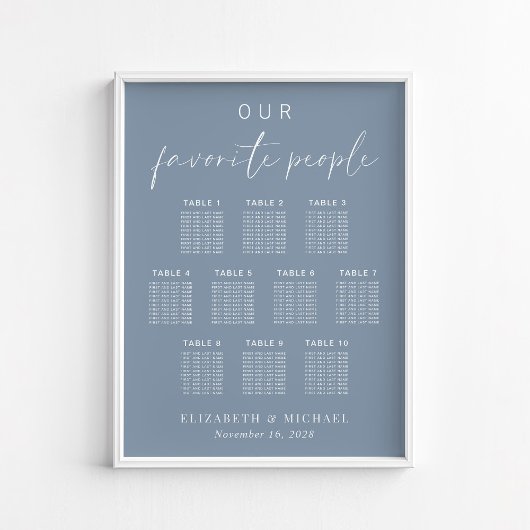 Chic Dusty Blue 10 Table Wedding Seating Chart Poster