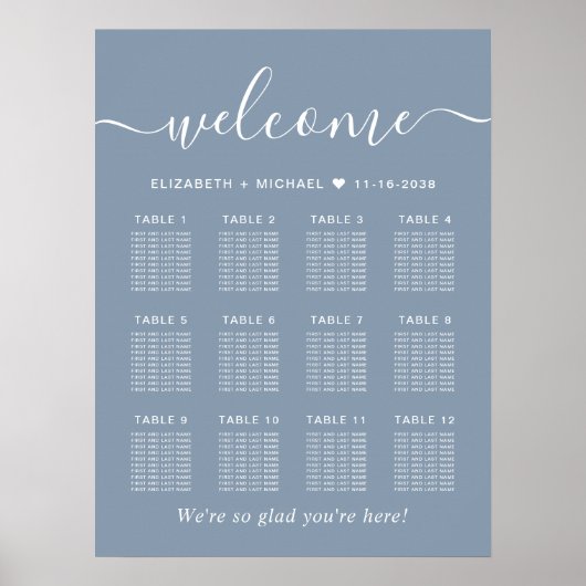Chic Dusty Blue 12 Table Wedding Seating Chart Poster (Vorne)