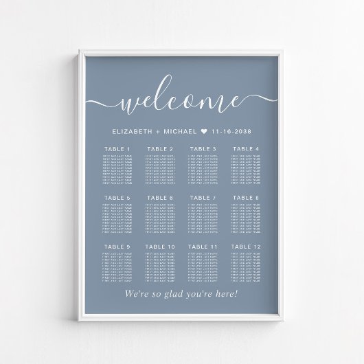 Chic Dusty Blue 12 Table Wedding Seating Chart Poster