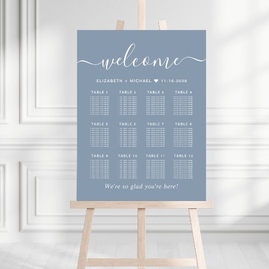 Chic Dusty Blue 12 Table Wedding Seating Chart Poster