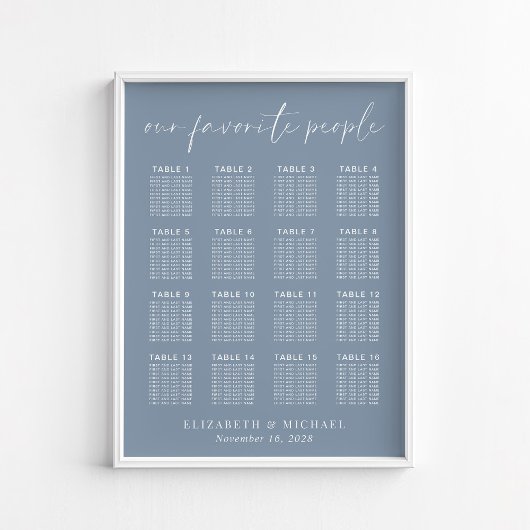 Chic Dusty Blue 16 Table Wedding Seating Chart Poster