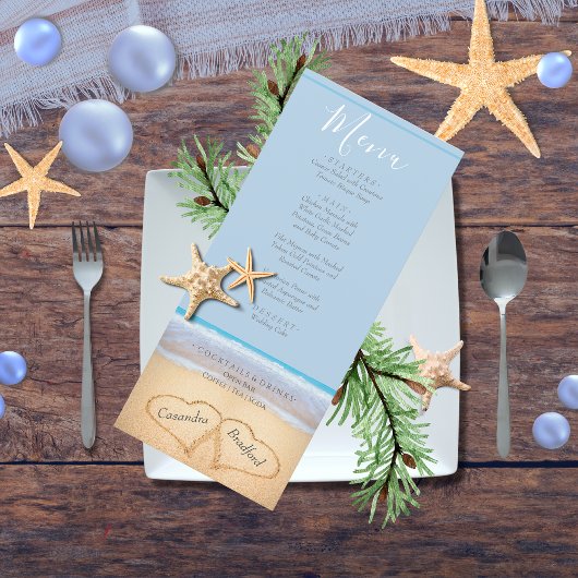 Chic Dusty Blue 2 Herz am Strand Hochzeit Menükarte
