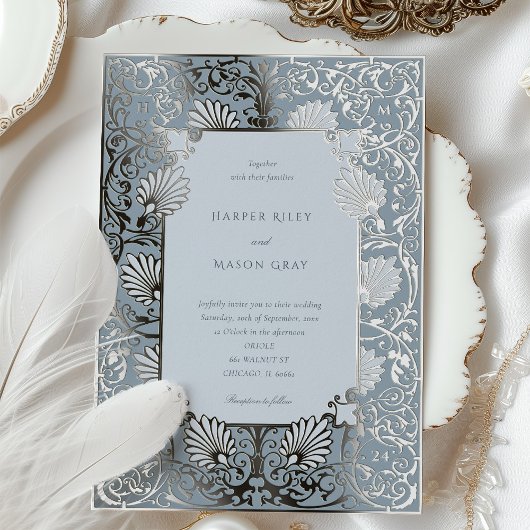 Chic Dusty Blue and Silver Foil Wedding Folieneinladung