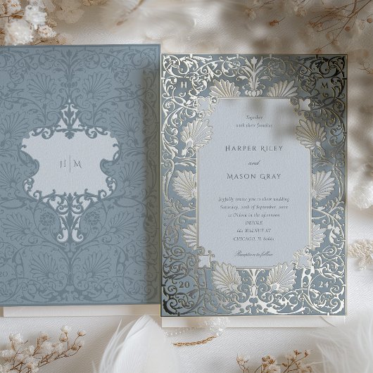 Chic Dusty Blue and Silver Foil Wedding Folieneinladung