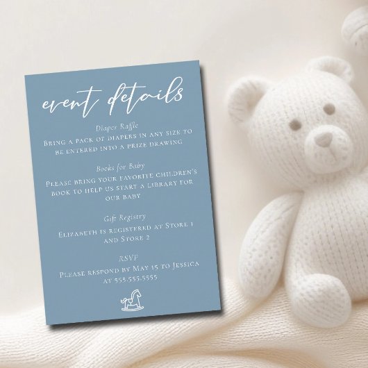 Chic Dusty Blue Baby Shower Event Details Begleitkarte