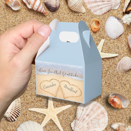 Chic Dusty Blue Beach Hochzeit 2 Herzen in Sand Geschenkschachtel