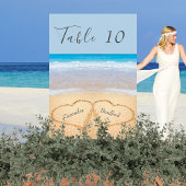 Chic Dusty Blue Beach Hochzeit 2 Herzen in Sand Tischnummer