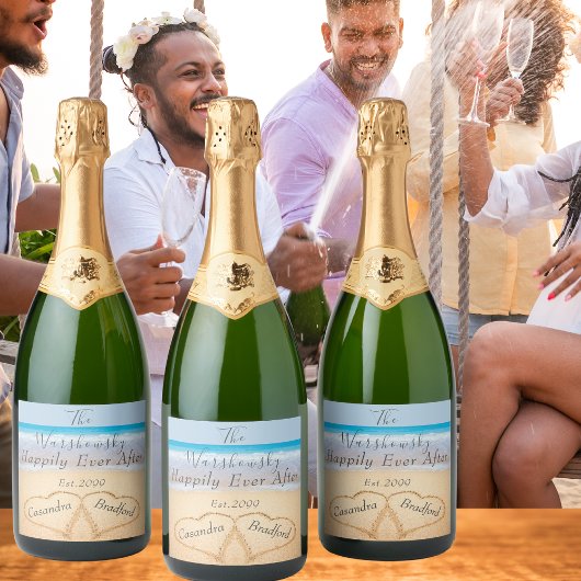 Chic Dusty Blue Beach Wedding 2 Heart Sand Schaumweinetikett