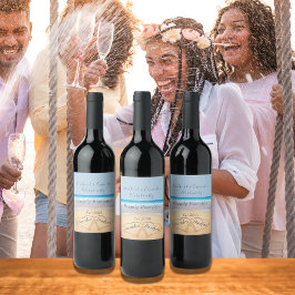 Chic Dusty Blue Beach Wedding 2 Heart Sand Weinetikett